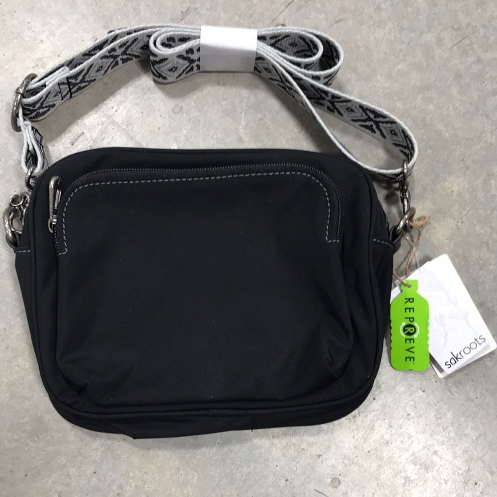 Sakroots Black Crossbody Bag with Patterned Gray Strap